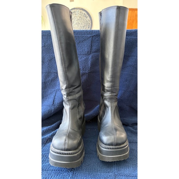 Demonia Shoes - Demonia Shaker-100 Black Vegan Leather Platform Wedge Knee High Boots Womens 8
